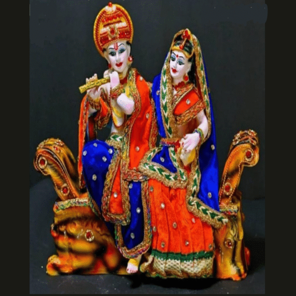 13 Inch Radha Krishna Sofa Idol- Premium Dress Work Sitting Statue