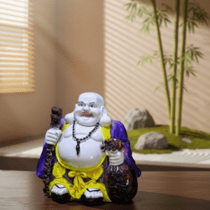 11 inch polyresin Laughing Buddha statue NGT-113 in purple and yellow robes with staff and sack of fortune