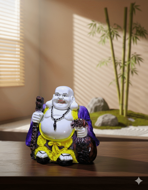 11 inch polyresin Laughing Buddha statue NGT-113 in purple and yellow robes with staff and sack of fortune