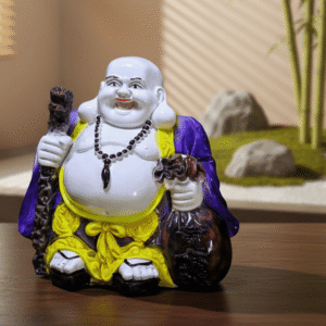 11 inch polyresin Laughing Buddha statue NGT-113 in purple and yellow robes with staff and sack of fortune