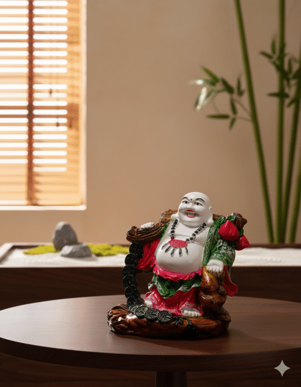 12 inch polyresin Laughing Buddha statue NGT-132 leaning on log with red gourds for health and wealth