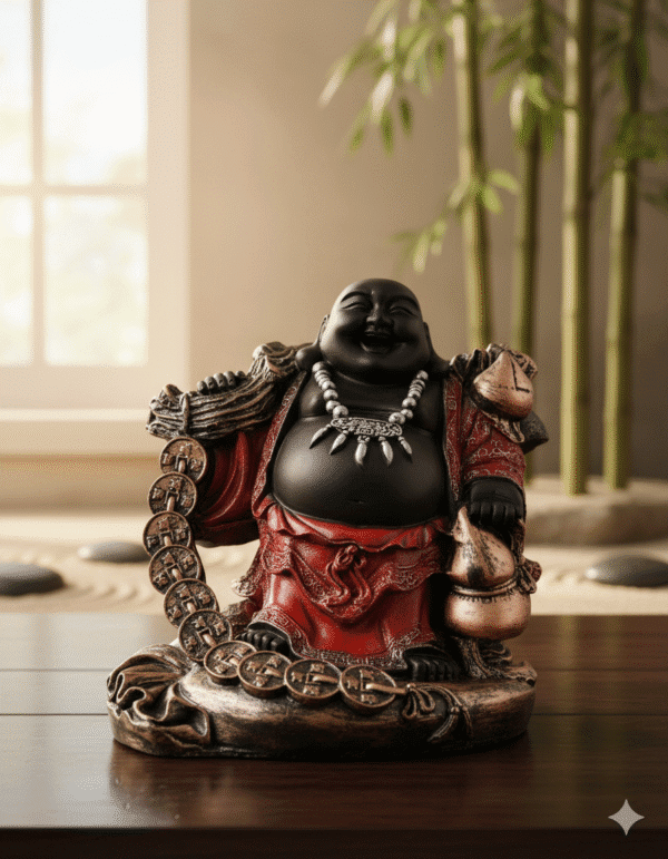12 inch polyresin Laughing Buddha statue NGT-175 antique black and bronze finish with large prosperity coins