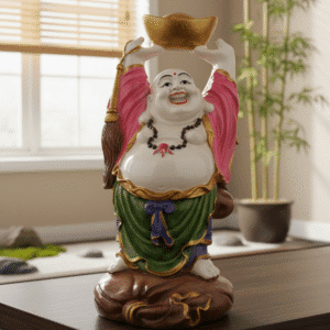 12 inch polyresin Standing Laughing Buddha statue NGT-193 holding a large golden bowl high for prosperity