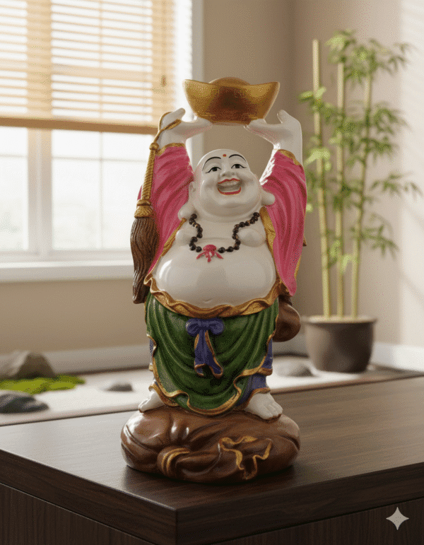 12 inch polyresin Standing Laughing Buddha statue NGT-193 holding a large golden bowl high for prosperity