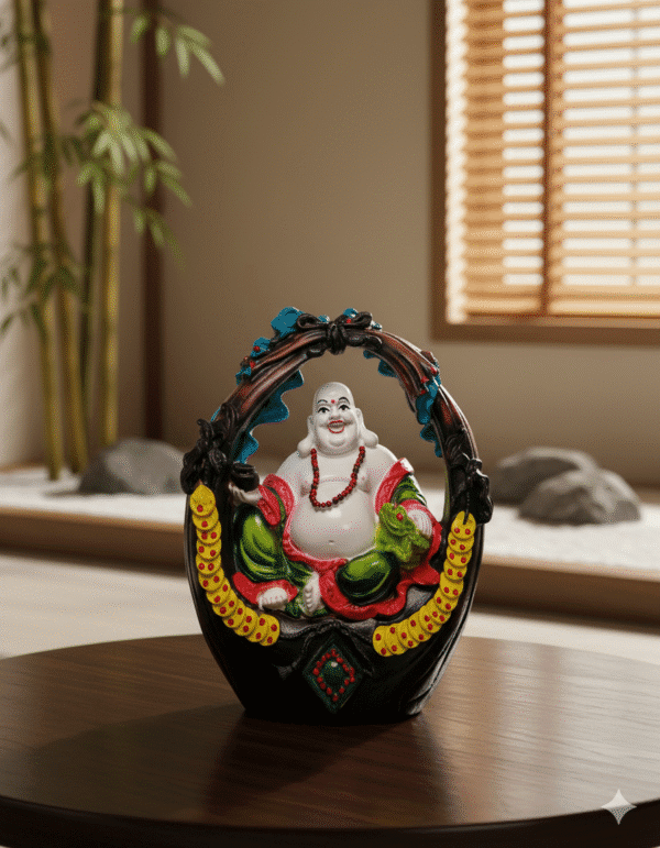 16 inch large polyresin Basket Laughing Buddha statue NGT-129 black and blue frame with yellow coins