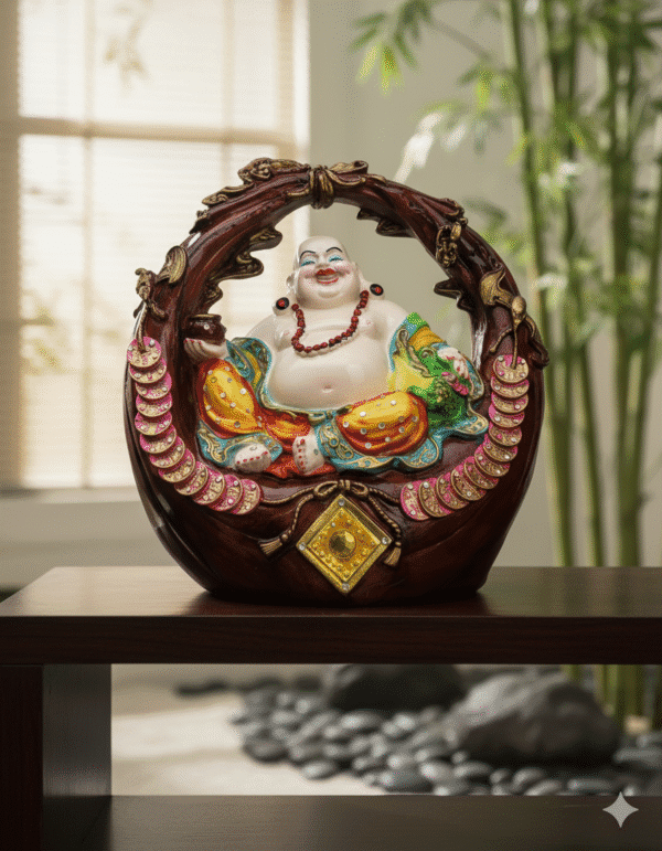 16 inch large polyresin Laughing Buddha statue NGT-218 in basket frame with rhinestones for wealth and happiness