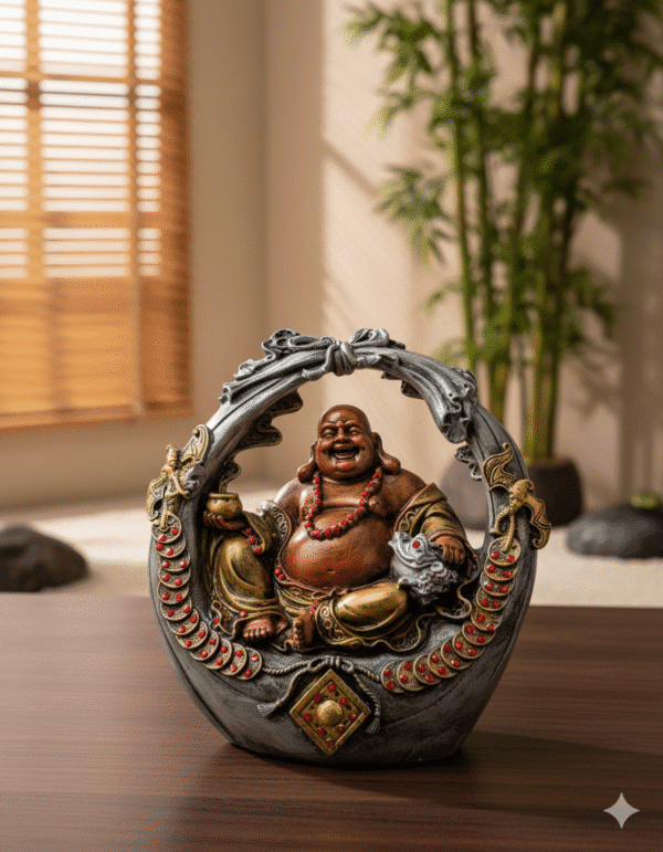 16 inch polyresin Antique Basket Laughing Buddha statue NGT-119 silver and bronze jeweled frame with gold Buddha