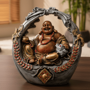 16 inch polyresin Antique Basket Laughing Buddha statue NGT-119 silver and bronze jeweled frame with gold Buddha