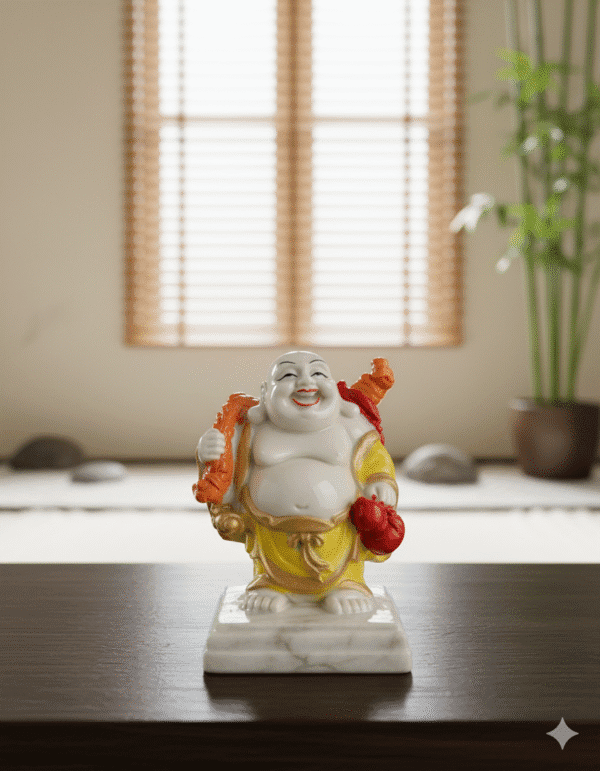 4 inch polyresin Laughing Buddha statue NGT-177 standing with sack and yellow robes for wealth
