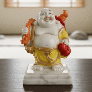 4 inch polyresin Laughing Buddha statue NGT-177 standing with sack and yellow robes for wealth