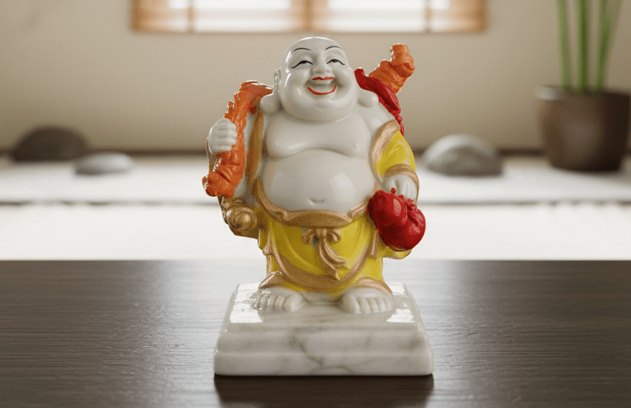 4 inch polyresin Laughing Buddha statue NGT-177 standing with sack and yellow robes for wealth