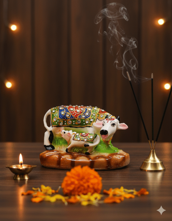 Cow and Calf, Gaumata, Kamdhenu, Vastu Decor, Hindu Idol, Jewelled Figurine, Miniature Statue