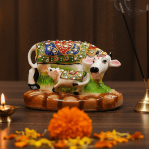 Cow and Calf, Gaumata, Kamdhenu, Vastu Decor, Hindu Idol, Jewelled Figurine, Miniature Statue