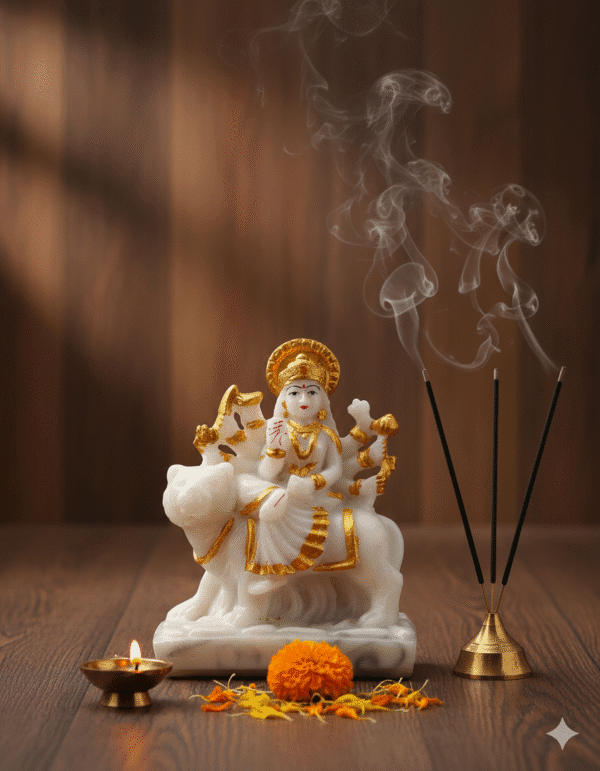 6 Inch Maa Durga Idol, White Durga Statue, Gold Mata Rani Murti, Navaratri Idol NGT-154, Marble Dust Durga, Vastu Protection Statue, Hindu Goddess Figurine
