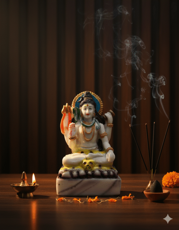 6 inch polyresin four armed Lord Shiva idol NGT-234 Mahadev statue white with blue halo and colorful accents