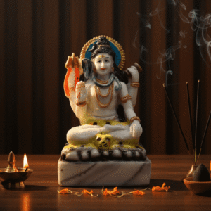 6 inch polyresin four armed Lord Shiva idol NGT-234 Mahadev statue white with blue halo and colorful accents