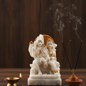 6 inch white polyresin Shiv Parivar Murti NGT-179 gold accent Shiva Parvati Ganesha idol