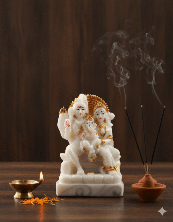 6 inch white polyresin Shiv Parivar Murti NGT-179 gold accent Shiva Parvati Ganesha idol