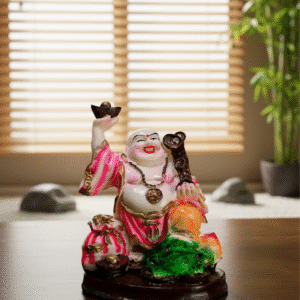 7.5 inch polyresin Laughing Buddha statue NGT-135 holding gold ingot with child and pink robes