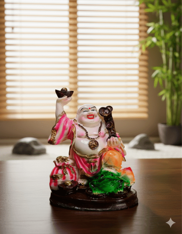 7.5 inch polyresin Laughing Buddha statue NGT-135 holding gold ingot with child and pink robes