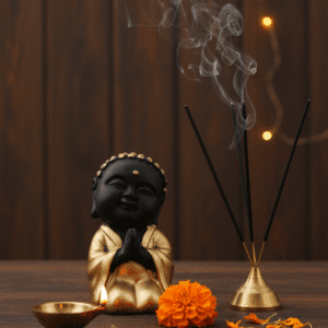 8 inch black and gold baby buddha monk statue namaste anjali mudra polyresin idol