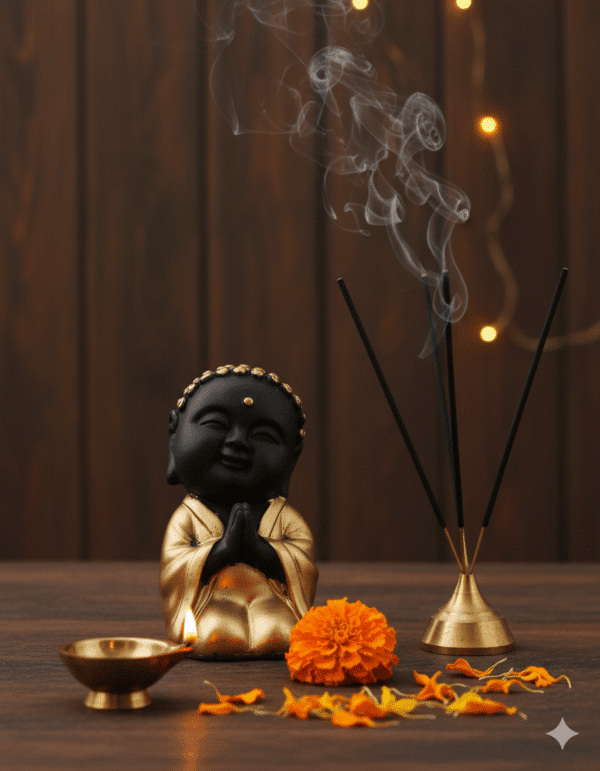 8 inch black and gold baby buddha monk statue namaste anjali mudra polyresin idol