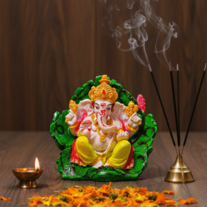 8-Inch Patta Ganesha Idol on Green Leaf Base (Colorful)