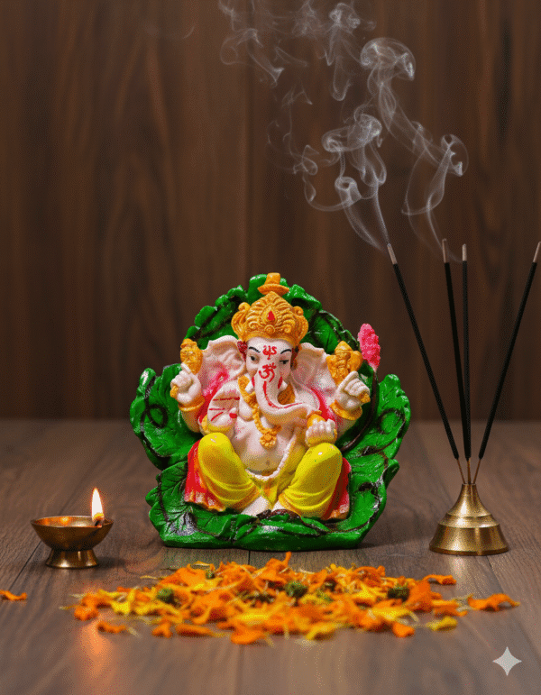 8-Inch Patta Ganesha Idol on Green Leaf Base (Colorful)
