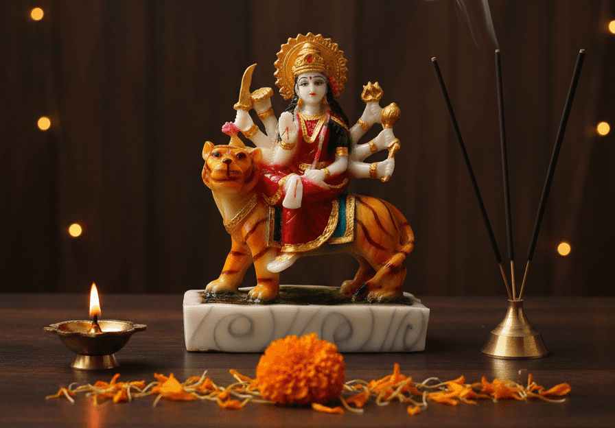 8 Inch Maa Durga Idol, Durga on Tiger Statue, Mata Rani Murti NGT-202, Navaratri Idol, Marble Dust Durga, Vastu Protection Statue, Hindu Goddess Figurine