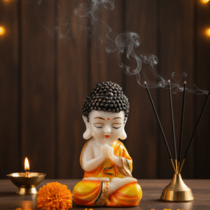 Baby Buddha, Monk Statue, Namaste Idol, Orange Robe, Zen Decor, Polyresin Figurine, Meditating Buddha