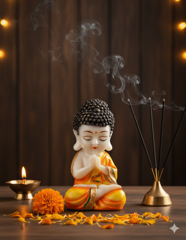 Baby Buddha, Monk Statue, Namaste Idol, Orange Robe, Zen Decor, Polyresin Figurine, Meditating Buddha