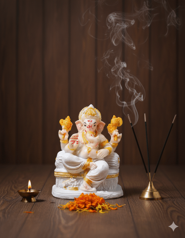8.5 Inch Ganesha Idol, Gadi Ganesha Statue, White Gold Ganpati Murti, Glitter Ganesha NGT-084, Auspicious Vastu Idol, Home Mandir Statue, Throne Ganesha, Seated Ganpati
