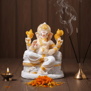 8.5 Inch Ganesha Idol, Gadi Ganesha Statue, White Gold Ganpati Murti, Glitter Ganesha NGT-084, Auspicious Vastu Idol, Home Mandir Statue, Throne Ganesha, Seated Ganpati