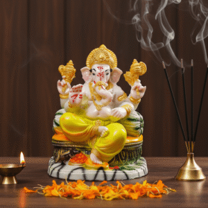 8.5 Inch Ganesha Idol, Gadi Ganesha Statue, Ganesh on Throne Murti, Yellow Ganesha NGT-080, Auspicious Vastu Idol, Glossy Ganpati Decor, Home Temple Ganesha, Throne Ganesha