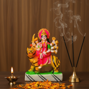 8.5 Inch Maa Durga, Durga on Tiger Statue, Mata Rani Murti Pink, Navaratri Idol NGT-073, Vastu Protection Statue, Pink Hindu Goddess, Medium Durga Idol