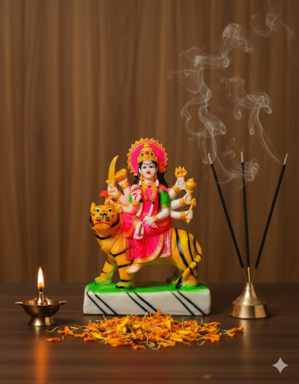 8.5 Inch Maa Durga, Durga on Tiger Statue, Mata Rani Murti Pink, Navaratri Idol NGT-073, Vastu Protection Statue, Pink Hindu Goddess, Medium Durga Idol