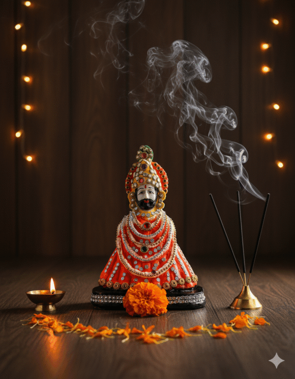 Khatu Shyam Murti, 9 Inch Shyam Baba, Jewelry Work Idol, NGT-163, Premium Polyresin, Devotional Statue, Orange Khatu Shyam, Home Mandir Decor