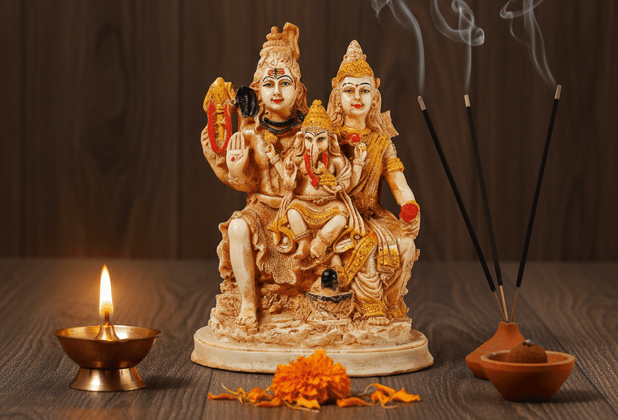 Shiv Parivar Murti, 9 Inch Shiva Family, Ochre Polyresin, NGT-168, Home Mandir Centerpiece, Antique Shiva Idol, Devotional Gift