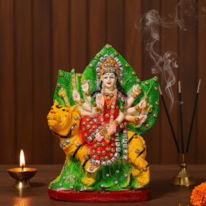 9.5 Inch Jeweled Durga, Maa Durga on Tiger Statue, Pata Mata Murti, Leaf Background Durga, Navaratri Statue NGT-074, Rhinestone Durga, Vastu Protection Idol, Green and Gold Durga