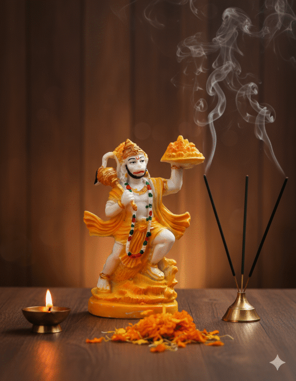 9.5 Inch Pahad Hanuman, Dynamic Hanuman Idol, Yellow Bajrangbali Murti, Hanuman Carrying Mountain Statue NGT-29, Hanuman Vastu Protection, Large Hindu Idol
