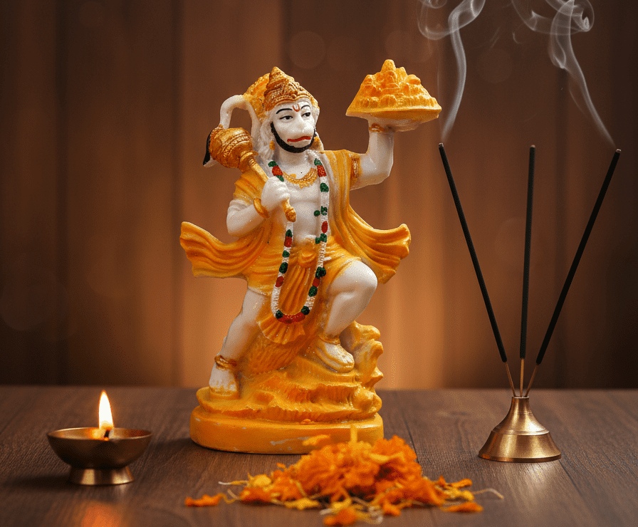 9.5 Inch Pahad Hanuman, Dynamic Hanuman Idol, Yellow Bajrangbali Murti, Hanuman Carrying Mountain Statue NGT-29, Hanuman Vastu Protection, Large Hindu Idol