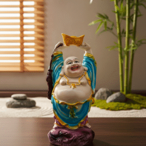Auspicious 9-Inch Standing Laughing Buddha Statue - Hotei with Raised Gold Ingot