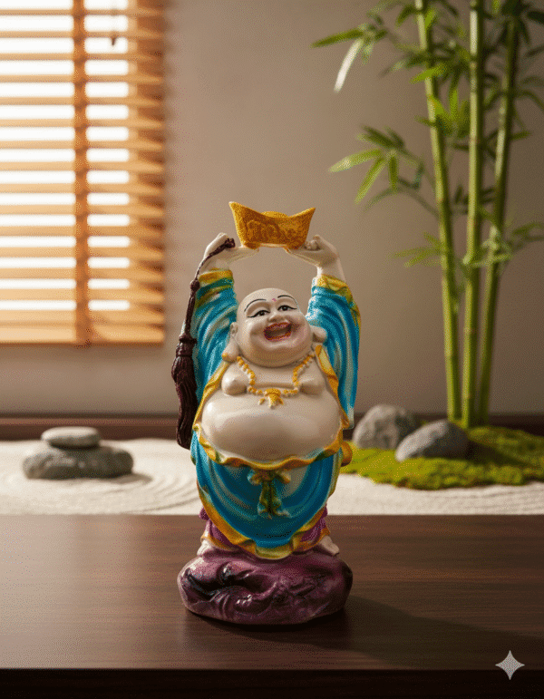 Auspicious 9-Inch Standing Laughing Buddha Statue - Hotei with Raised Gold Ingot