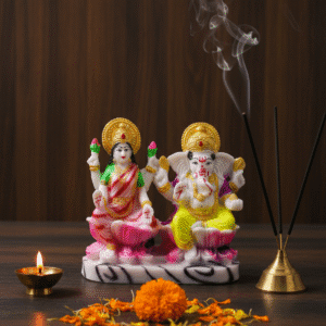 Standing Laxmi Ganesh Idol 7 Inch, Marble Touch Lakshmi Ganesha, Diwali Puja Murti NGT-007, White Gold Prosperity Statue, Ganesh Lakshmi for Home Temple, Standing Ganesha Lakshmi