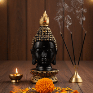 9 inch black and gold buddha head statue jeweled base polyresin idol