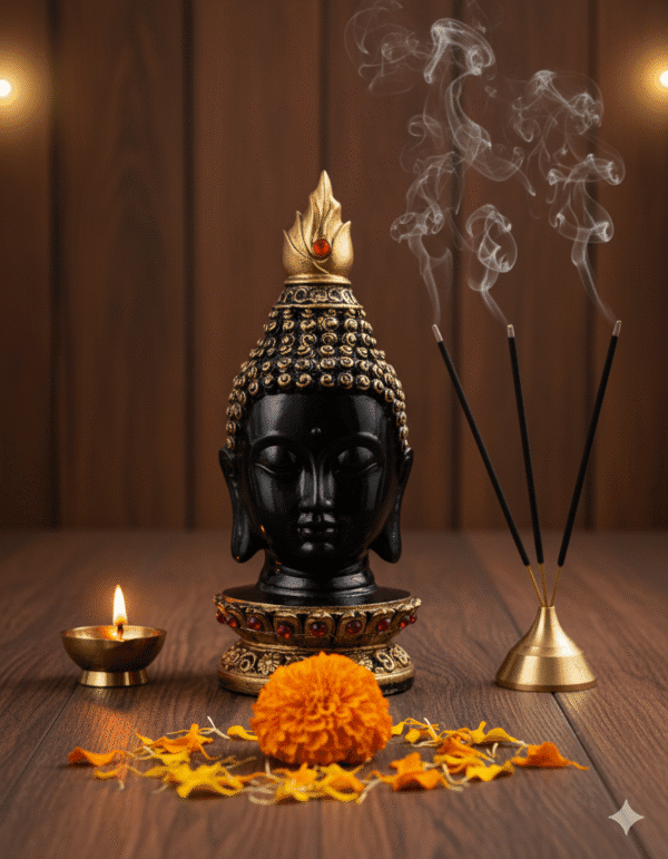 9 inch black and gold buddha head statue jeweled base polyresin idol