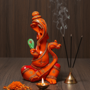 23 Inch Ganesha Idol, Oversized Lambodhar Ganesh, Large Orange Ganpati, Jeweled Ganesha Statue, Ganesh Idol NGT-098, Luxury Vastu Idol, Floor Standing Ganesha, Big Ganpati Murti