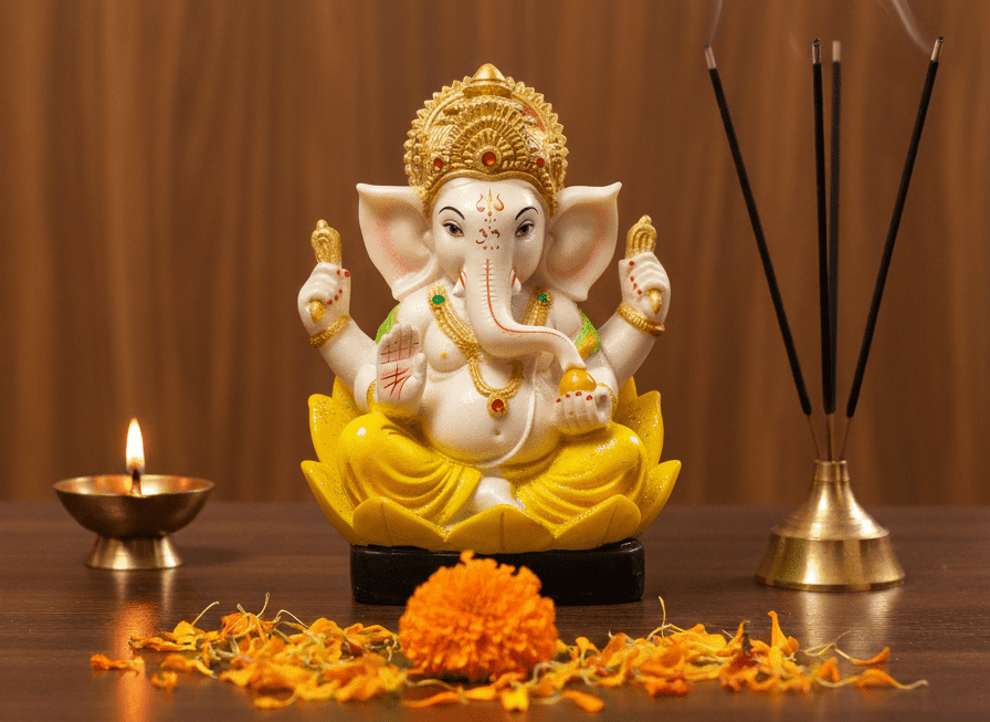 5-Inch Yellow Patta Ganesha Idol (Leaf/Petal Base)