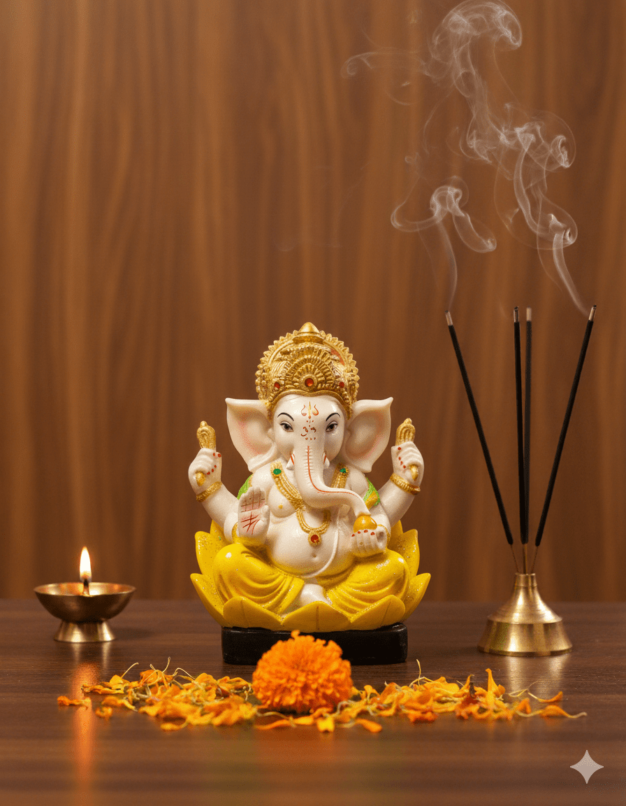 5-Inch Yellow Patta Ganesha Idol (Leaf/Petal Base)