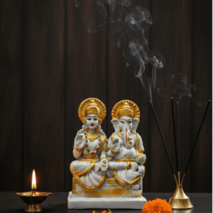 Laxmi Ganesh Idol 7 Inch, White and Gold Lakshmi Ganesha, Diwali Puja Murti NGT-038, Prosperity God Statue, Ganesh Lakshmi for Home, Hindu God Figurine
